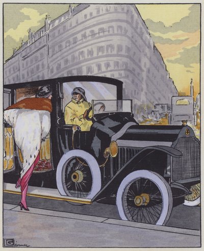 Moda femenina de la década de 1910 y un coche Lorraine-Dietrich de Georges Leonnec