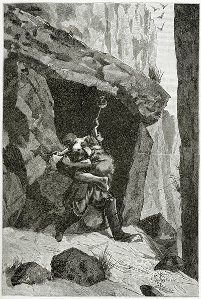 Combate de Han de Islandia y Ordener - ilustración de Han de Islandia, siglo XIX (grabado en blanco y negro) de Georges Marie Rochegrosse