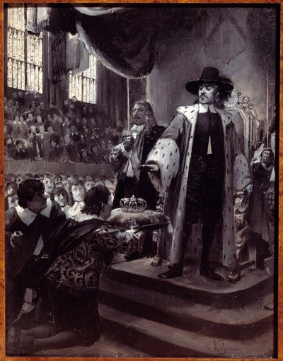 Oliver Cromwell (1599-1658) rechazando la corona. El Lord Protector de la República de Gran Bretaña fue propuesto para la corona por la Humble Petition and Advice (Nuevo Parlamento) en 1658. Grisalla sobre madera de Georges Antoine Rochegrosse (1859-1938)  de Georges Marie Rochegrosse