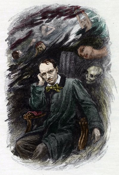 Retrato del poeta francés Charles Baudelaire (1827-1861) rodeado de fantasmas (Representación del poeta romántico francés Charles Baudelaire rodeado de fantasmas, ilustración para "Las flores del mal") Ilustración de Georges Antoine Rochegrosse (1859-19 de Georges Marie Rochegrosse