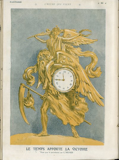 Ilustración de Georges Meunier (1869-1934) en “Fantasio”, 01/04/15 - El tiempo trae la victoria - Guerra del 14-18, Victoria - Tiempo (Alegoría de), Victoria (alegoría) - Alegoría de Georges Meunier