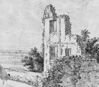 Una alameda de árboles en un parque recto, Las ruinas de un edificio en una colina verso, s.f. de Georges Michel