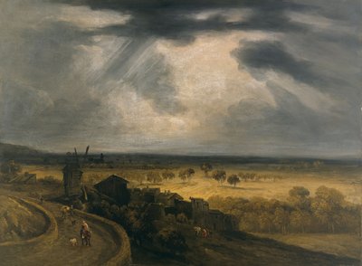 Paisaje de Montmartre con molino de viento, c.1810-20 (óleo sobre papel y cartón sobre lienzo) de Georges Michel