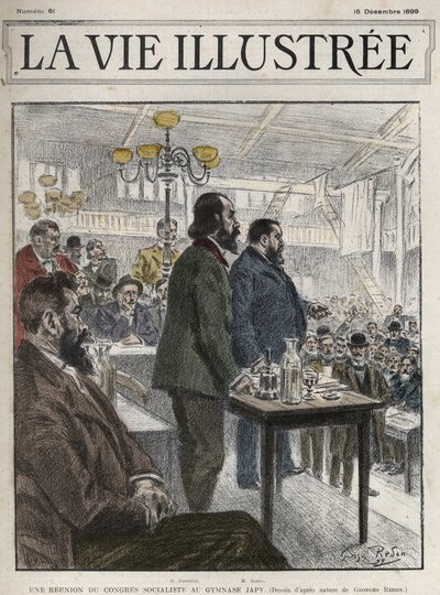 Congreso General de Organizaciones Socialistas, celebrado en París en diciembre de 1899, en el Gimnasio Japy - Jean Jaurès (1859-1914) y Eugène Fournier (1857-1914) dibujo de Georges Redon - la vie illustree de 1899 de Georges Redon