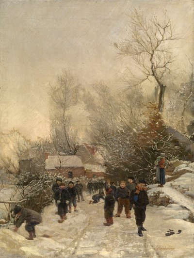 Aldea con niños en la nieve (óleo sobre lienzo) de Georges Reinheimer