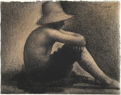 Niño sentado con sombrero de paja, estudio para bañistas en Asnieres de Georges Seurat