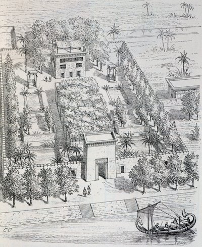 Vista de villa egipcia a lo largo del Nilo, reconstrucción por Chipiez, de Historia del arte en la antigüedad (Egipto, Asiria, Persia, Asia Menor, Grecia, Etruria, Roma) de Georges and Chipiez Charles Perrot