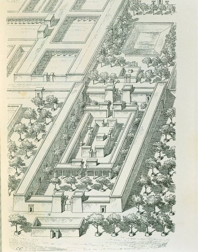 Grabado que representa una vista en perspectiva de un edificio en Tell el-Amarna por Georges Perrot y Charles Chipiez de Georges and Chipiez Charles Perrot