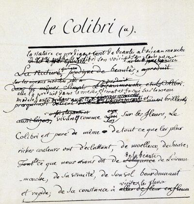 Manuscrito de Buffon sobre el colibrí. sd. siglo XVIII de Georges de Buffon