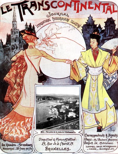 Portada del periódico Le transcontinental como símbolo del enlace ferroviario entre Este y Oeste gracias al Transiberiano de Georges de Feure