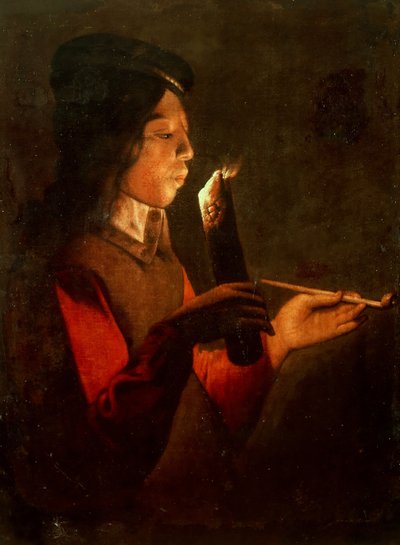 Un niño con una pipa, soplando en un tizón de Georges de, La Tour
