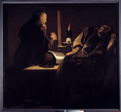 El éxtasis de San Francisco también llamado un monje en oración cerca de un monje moribundo o los dos monjes. Pintura (Vanitas) de Georges de La Tour (1593-1652) de Georges de la (after) Tour