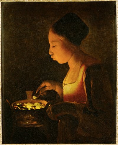 Niña soplando en un brasero (pintura sobre lienzo) de Georges de la Tour