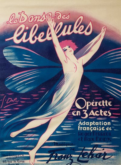 Cartel de Danza de las libélulas, opereta, adaptación francesa de Roger Ferreol y Max Eddy, música de Franz Lehar, editorial Max Eschig, París de Georges pseudonym of Edmond Vernier Dola