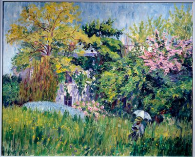 El jardín de Bonnieres: un lector bajo un paraguas en la hierba alta de Georgette Agutte