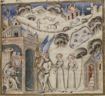Amour dirigiendo a sus hijos Dulce Pensamiento, Placer y Esperanza a Guillaume de Machaut, por Maestro de Biblia de Jean de Sy 1372-77 (42374611771) de Georgia Levan Ramishvili from Tbilisi