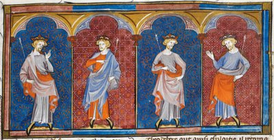 Clodomire, Childebert, Theodoric y Clothaire, de Chroniques de France ou de St Denis, siglo XIV (22093692824) de Georgia Levan Ramishvili from Tbilisi