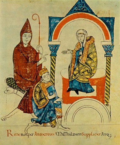 El rey -el emperador romano Enrique IV- reza al abad -Hugh de Cluny-, y suplica a Matilde -de Canossa-, de Vita Mathildis, c. 1115 (34295963116) de Georgia Levan Ramishvili from Tbilisi