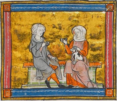 Lancelot conversando con una dama que sostiene un pequeño perro blanco y negro, de Morte Artu, c. 1315-1325 (41067329535) de Georgia Levan Ramishvili from Tbilisi