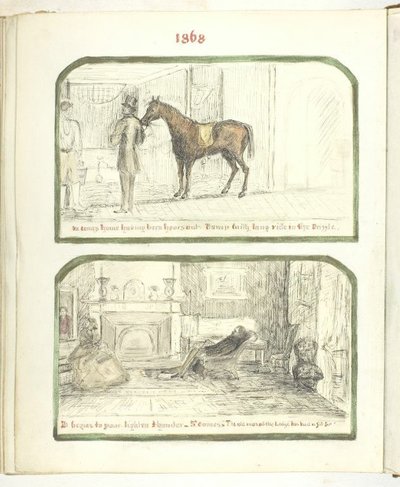 Sin título [hombre con caballo, y pareja relajándose junto al fuego] de Georgina Cowper