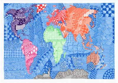 Mapa del mundo, 2015 (tinta sobre cartón bristol) de Georgina Naisbitt