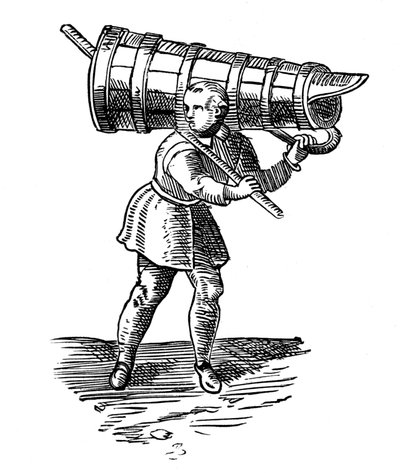 Un aprendiz, llevando un recipiente de madera tan alto como él, en su camino a buscar agua de Georgius Braun