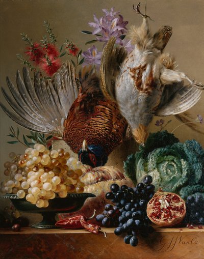 Faisán muerto, perdiz, uvas, col, frutas y flores en un borde de Georgius Jacobus Johannes van (after) Os