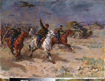 Ataque (Tanques y caballería del Ejército Rojo durante la revolución de octubre) - Ataque - Pintura de George (Georgy, Georgi) Konstantinovich Savitsky (1887-1949), óleo sobre lienzo de Georgiy Konstantinovich Savitsky