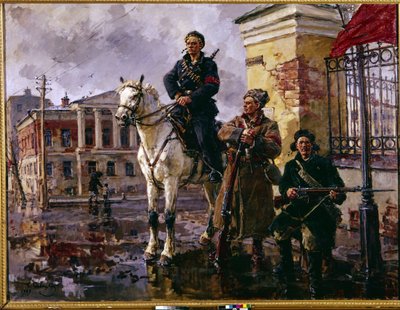 Revolución rusa de octubre de 1917: "Los primeros días de octubre". La toma del Palacio de Invierno en San Petersburgo el 25 de octubre de 1917, un asalto dirigido por los Guardias Rojos y los bolcheviques. Pintura de George (Georgy, Georgi) de Georgiy Konstantinovich Savitsky