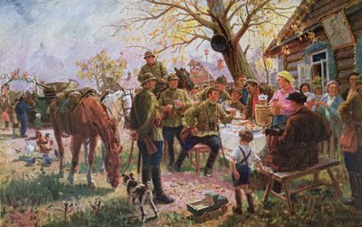 Soldados del Ejército Rojo de maniobras reciben una bienvenida y descansan en un Kolkhoze de Georgiy Konstantinovich Savitsky
