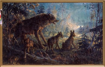 Un encuentro en el bosque (Loba y sus cachorros frente a un tractor de noche) - Un encuentro en el bosque - Pintura de George (Georgy, Georgi) Konstantinovich Savitsky (1887-1949), óleo sobre lienzo de Georgiy Konstantinovich Savitsky