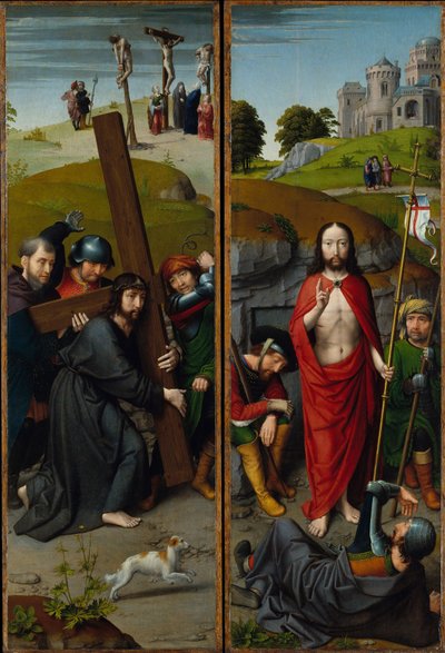 Cristo cargando la cruz, con la crucifixión; La resurrección, con los peregrinos de Emaús, c.1510 (óleo sobre tabla de roble) de Gerard David