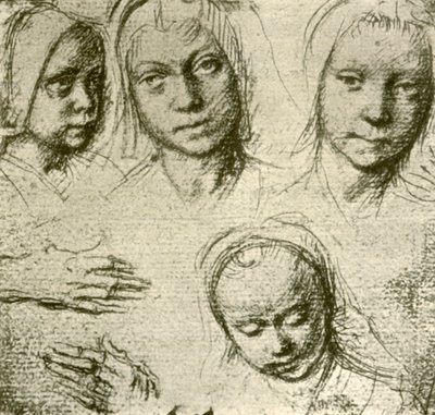 Cuatro cabezas de una joven y dos manos, c1500-1505, 1908 de Gerard David