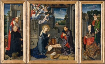 La Natividad con Donantes y Santos Jerónimo y Leonardo, c.1510-15 de Gerard David