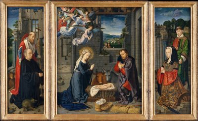 La Natividad con Donantes y Santos Jerónimo y Leonardo, ca. 1510-15 de Gerard David