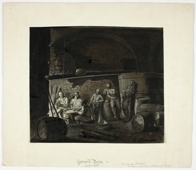 Bodega con hombres jugando a las cartas de Gerrit Dou