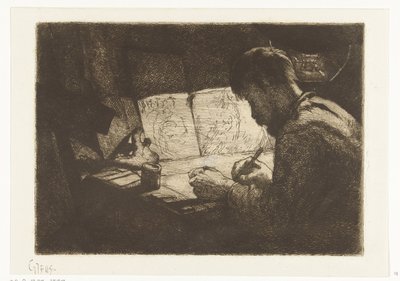 Autorretrato detrás de la mesa de dibujo de Gerard Jan Bos (signed by artist)