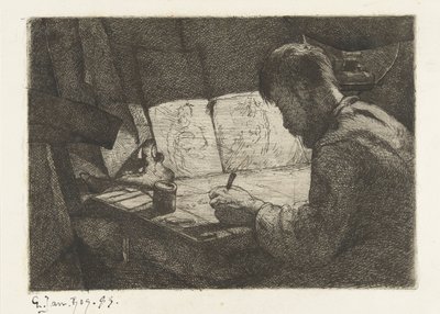 Autorretrato detrás de la mesa de dibujo de Gerard Jan Bos (signed by artist)