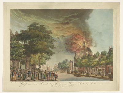 Incendio en la Nueva Iglesia Luterana en Singel en Amsterdam, 18 de septiembre de 1822 Vista de la Marca de la Nueva Iglesia Luterana en Ámsterdam (título sobre el objeto) de Gerard Overman