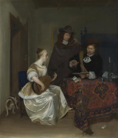 Una mujer tocando un tiorbo para dos hombres, ca 1668 de Gerard Ter Borch the Younger