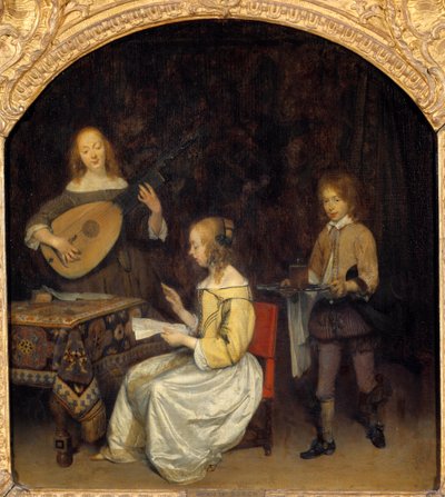 El concierto: cantante y tocador de laúd teorba de Gerard ter Borch