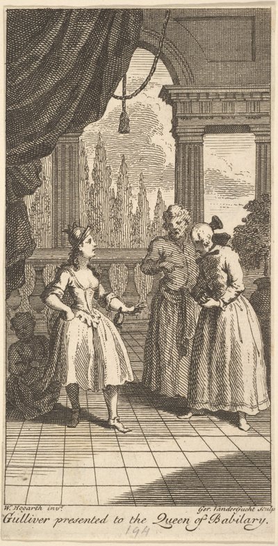 Gulliver Presentado a la Reina de Babilary, Frontispicio de Los Viajes del Sr. ..., febrero de 1730 de Gerard Vandergucht