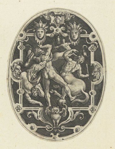 Hércules en batalla con los centauros Decoraciones de superficie ovalada con las hazañas de Hércules en grutescos (título de la serie) de Gerard de Jode
