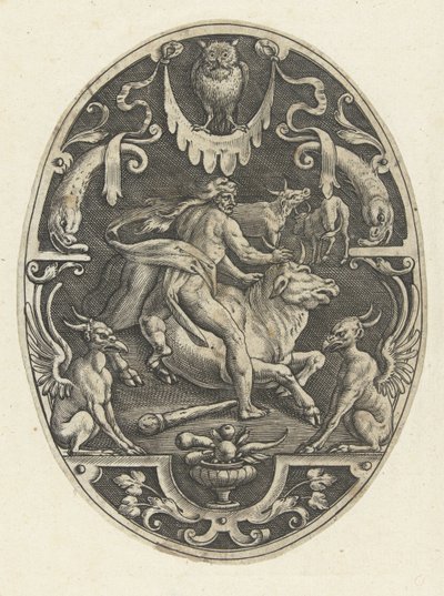 Hércules captura al toro de Creta Decoraciones de superficie ovalada con las hazañas de Hércules en grutescos (título de la serie) de Gerard de Jode