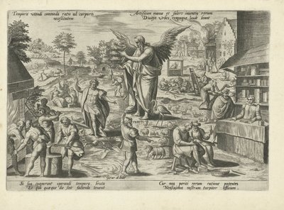 Padre Tiempo en medio de escenas de ocupaciones y actividades humanas Temporis utendi commoda ratio ad corporis neceßitatem (...) (título sobre el objeto) Alegorías moralizantes del tiempo (título de la serie) de Gerard de Jode