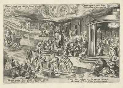 Padre Tiempo en medio de escenas de obras de misericordia y virtudes cristianas Temporis utendi recta ratio, ad salutem proximi (...) (título sobre objeto) Alegorías moralizantes del tiempo (título de la serie) de Gerard de Jode