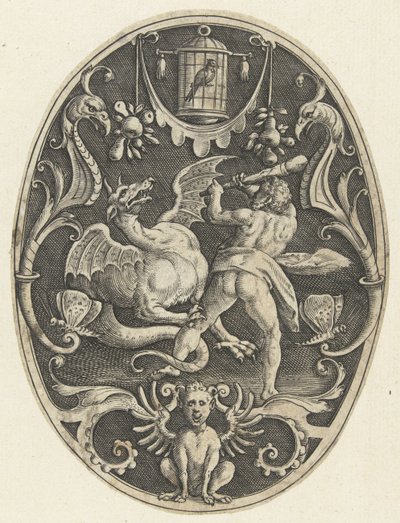 Decoración de superficie: Hércules mata al dragón Ladon Decoraciones de superficie ovalada con las hazañas de Hércules en grutescos (título de la serie) de Gerard de Jode