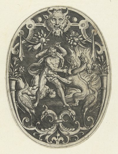 Decoración de superficie: Hércules mata al monstruo Gerión Decoraciones de superficie ovalada con las hazañas de Hércules en grutescos (título de la serie) de Gerard de Jode