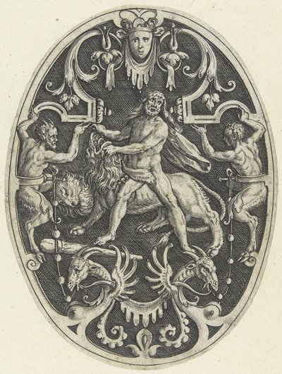 Decoración de superficie: Hércules y el león de Nemea Decoraciones de superficie ovalada con las hazañas de Hércules en grutescos (título de la serie) de Gerard de Jode