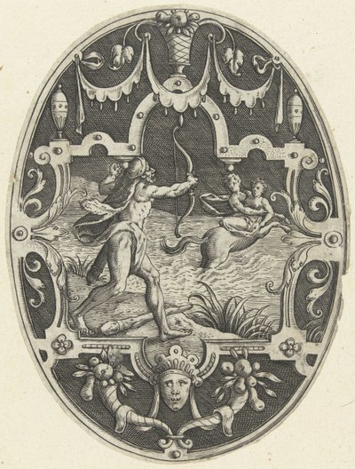 Decoración de la superficie: Hércules dispara al centauro Nessus que intenta fugarse de Deyanira Decoraciones de superficie ovalada con las hazañas de Hércules en grutescos (título de la serie) de Gerard de Jode